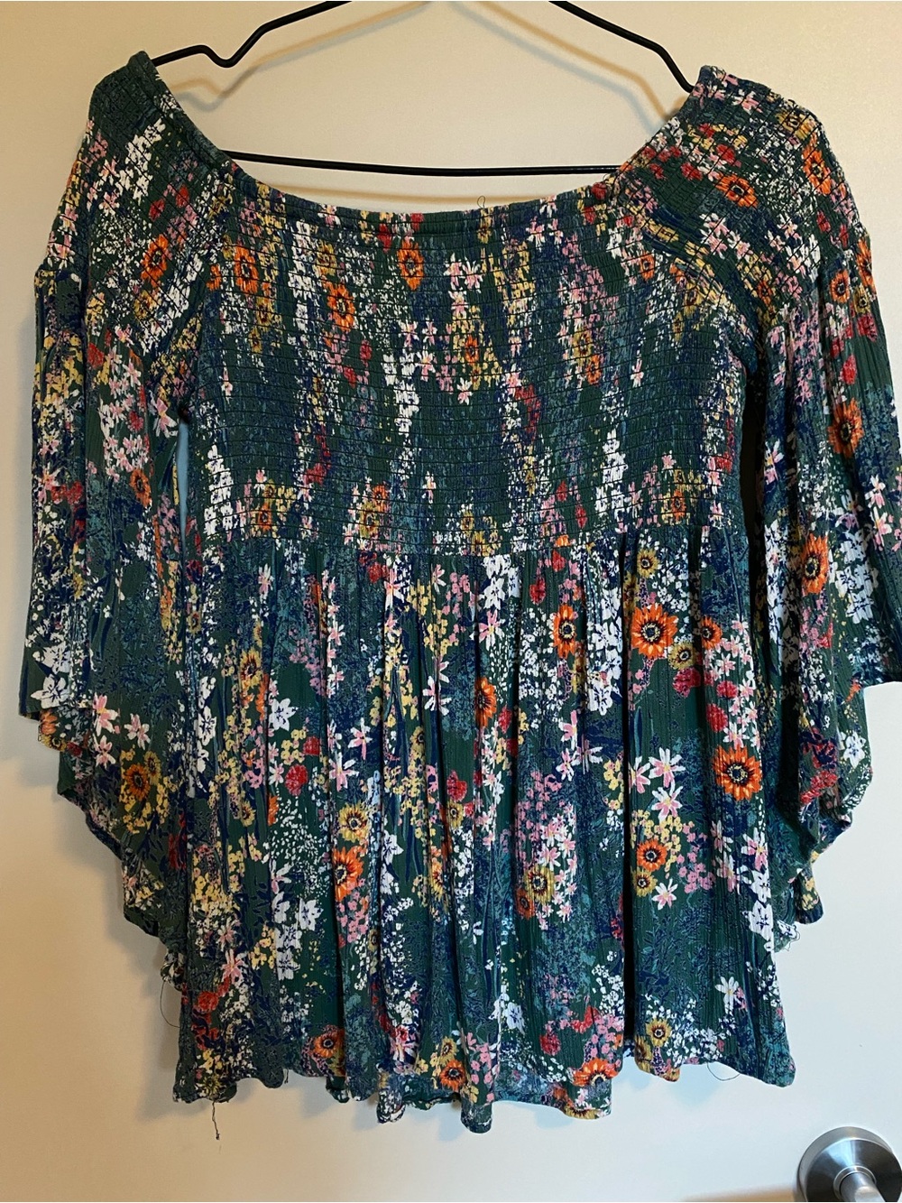 Women's Forest Green Floral Off-Shoulder Peasant Blouse
